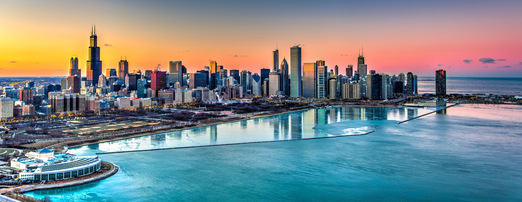 Aerial view of Chicago skyline over the water